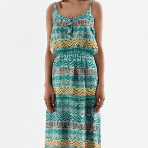 Dina Be Maxi Dress Size Medium Blue Green Geometric Print Boho Beachy - Picture 1 of 6